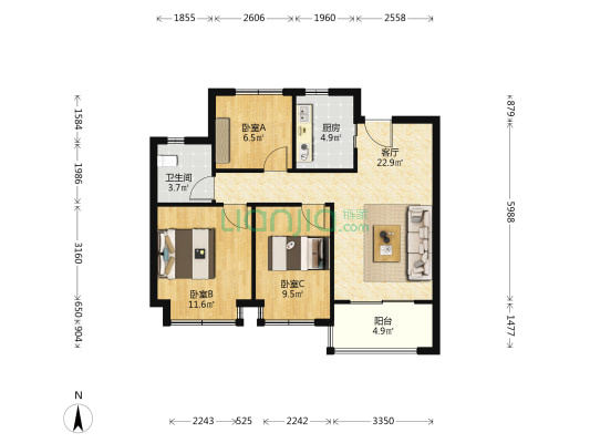 璀璨云著 3室1厅1卫 89平方