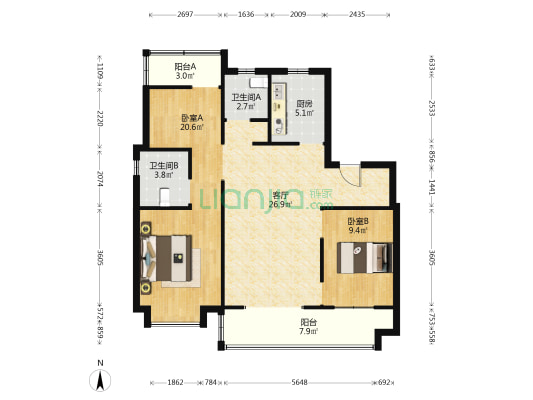 旭辉中梁时代江来 2室1厅2卫 101平方