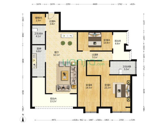 豪城望景 3室1厅2卫 148平方