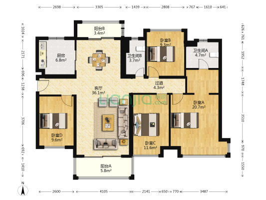 美的西江府 4室1厅2卫 143平方