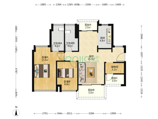 远洋雅居乐风景 2室1厅2卫 98平方