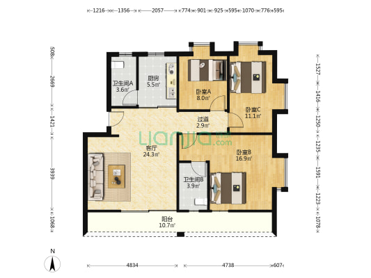 匯俊華庭 3室1厅2卫 91平方