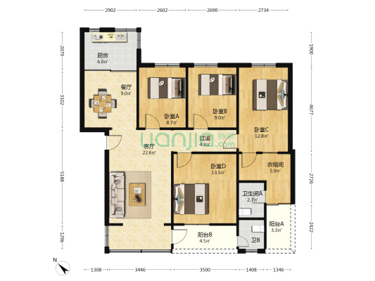 园林宿舍 4室2厅2卫 104平方