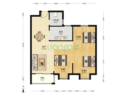 港湾明珠北苑 3室1厅1卫 115平方