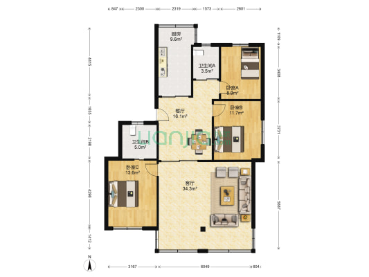 清川小区南区 3室2厅2卫 123平方