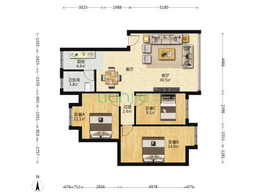金桦城市花园 3室1厅1卫 88平方