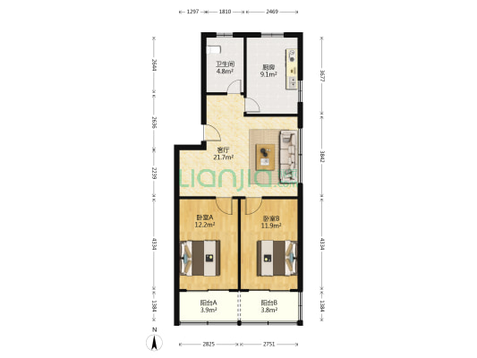华星花园 2室1厅1卫 88平方