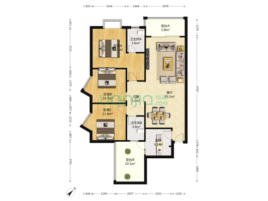 欣茂西郡兰庭B区 3室1厅2卫 122平方