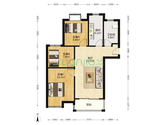 阳光100阿尔勒二期 3室1厅1卫 90平方