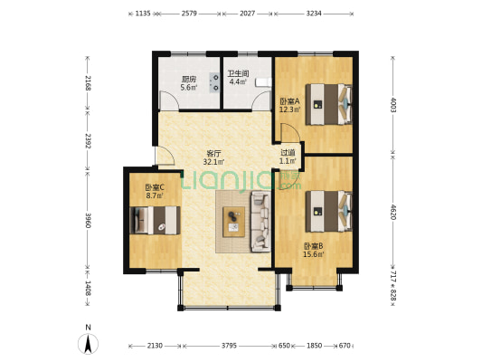 金海岸花园 3室1厅1卫 93平方