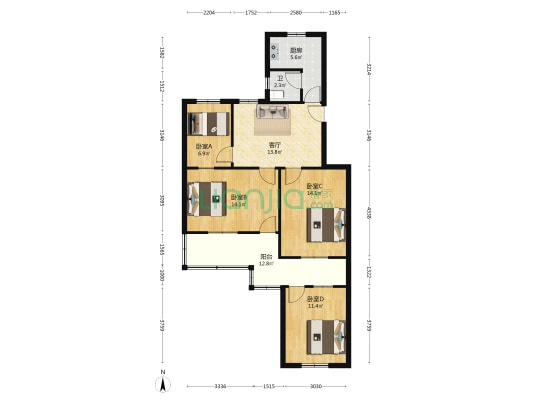 原广播电视学校宿舍 4室1厅1卫 96平方