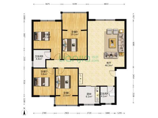 吴家坝北街68号 4室1厅2卫 140平方