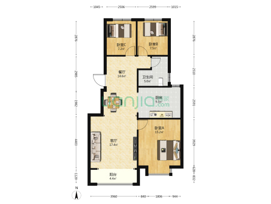中央公元 3室2厅1卫 108平方