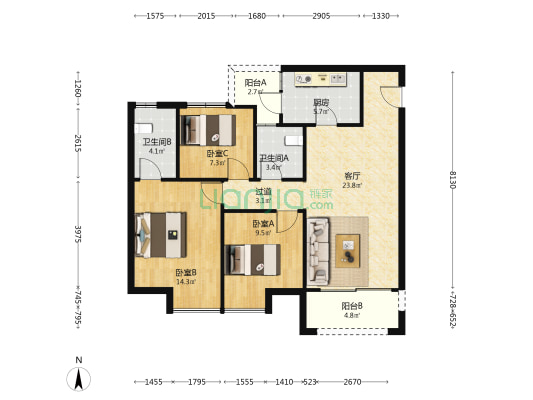东城国际 3室1厅2卫 100平方