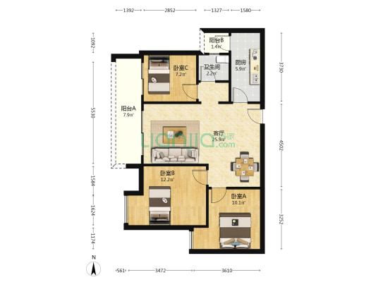 合能渝玥府 3室1厅1卫 89平方