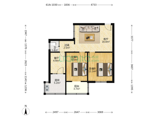 市工商联宿舍 2室2厅1卫 62平方