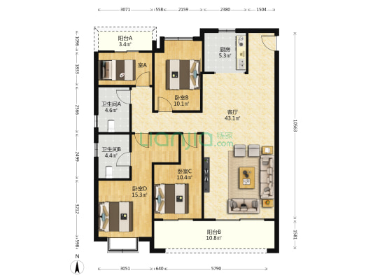 弘坤东昇 4室1厅2卫 143平方