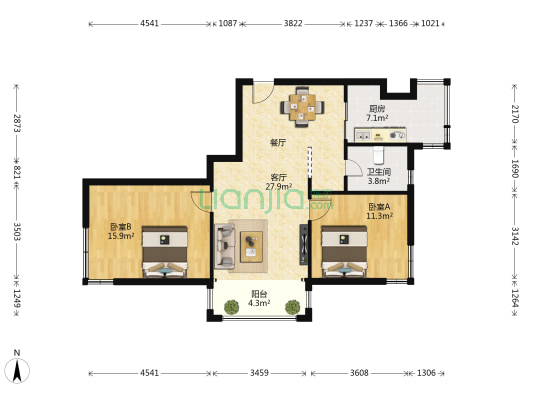 晶品缘林 2室1厅1卫 91平方