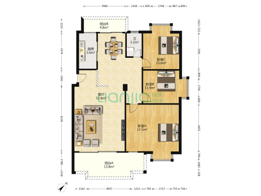 森林公园绿茵山庄 3室1厅1卫 141平方
