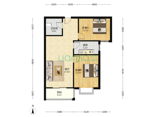 南向两居室，中间楼层，毛坯房任意装-户型图