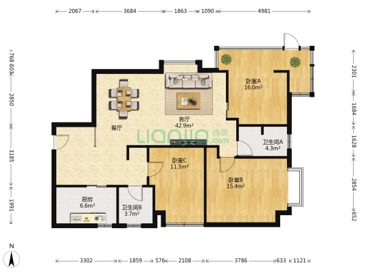 南湖小区综合楼 3室1厅2卫 127平方