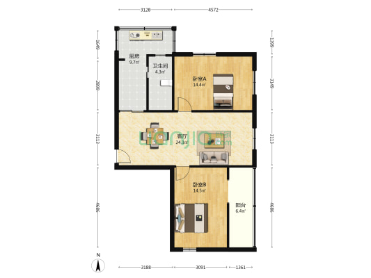 西华门街22号 2室1厅1卫 83平方