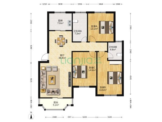花望新村 3室1厅2卫 131平方