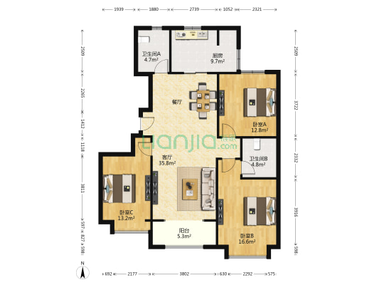 中国铁建逸园 3室1厅2卫 126平方