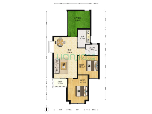 星河绿洲 2室1厅1卫 87平方