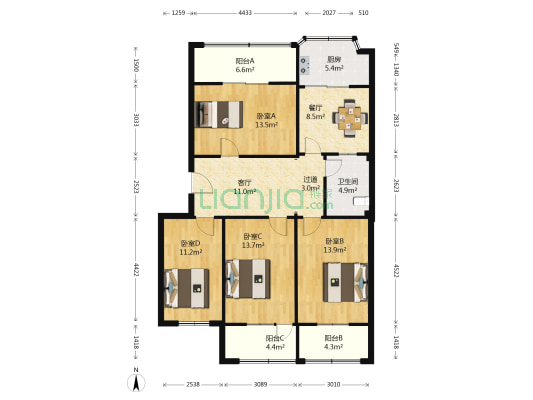 回民中学家属院 4室2厅1卫 114平方
