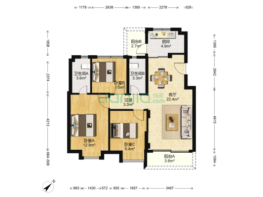 沙南轩 3室1厅2卫 89平方