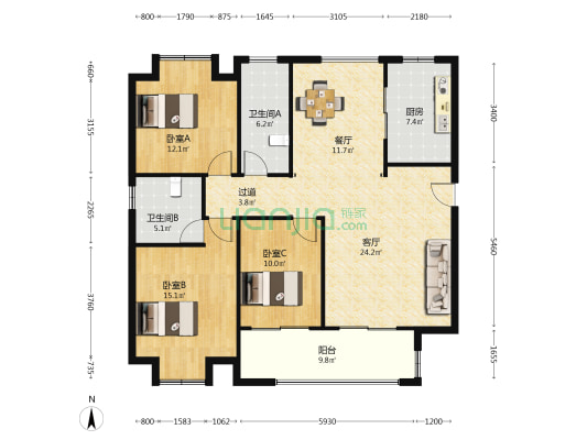 恒盛豪庭一期 3室2厅2卫 136平方