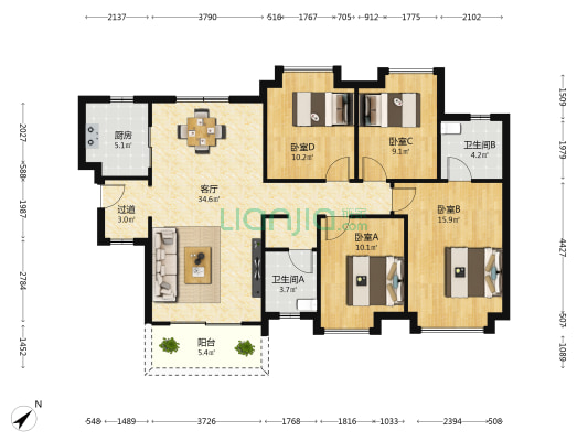 金地香山湖香沁花园 4室1厅2卫 127平方
