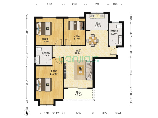 金源新城 3室1厅2卫 120平方