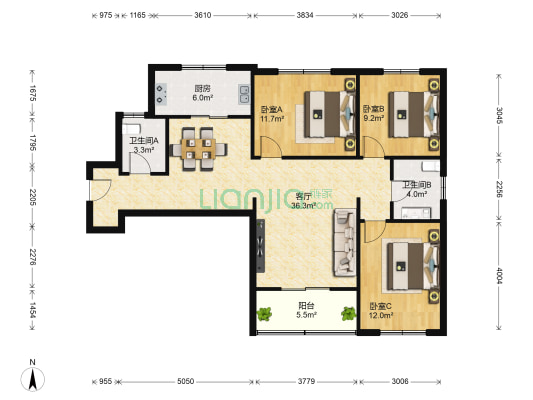 康乐花园 3室1厅2卫 98平方