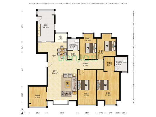 新蒲花园1号院 4室1厅2卫 206平方
