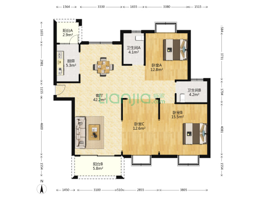 湖畔花园乐湖居 3室1厅2卫 136平方