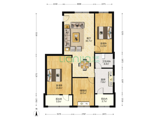 海口经贸大厦 2室1厅1卫 110平方