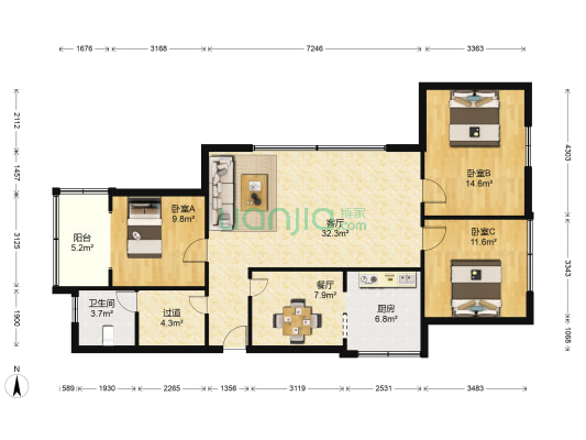 学府大道41号 3室2厅1卫 114平方