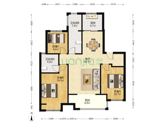 云麓壹期 3室1厅2卫 112平方