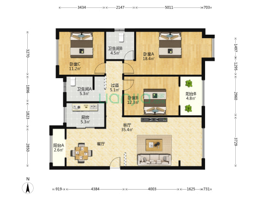 九街十八巷江语 3室1厅2卫 136平方