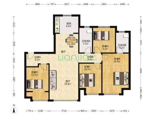 金茂悦西七区 4室1厅2卫 136平方