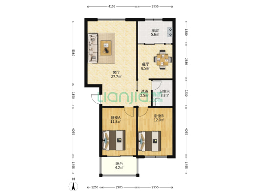 蝶园雅苑 2室2厅1卫 100平方