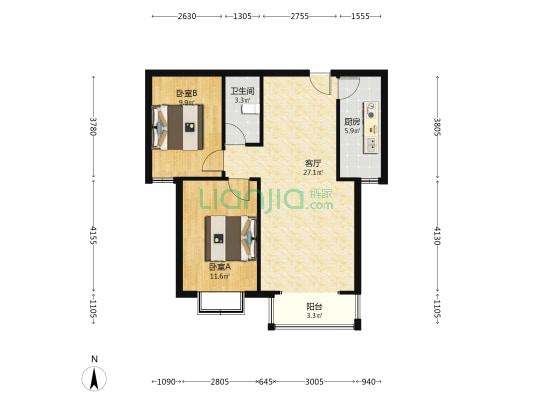 北京理想城精装两居，全南户型，中间楼层采光无遮挡-户型图