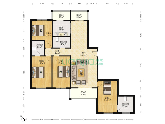 贵新小区 4室1厅3卫 188平方