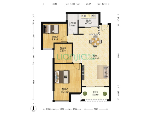 凤岭·新新家园A区 3室1厅1卫 89平方