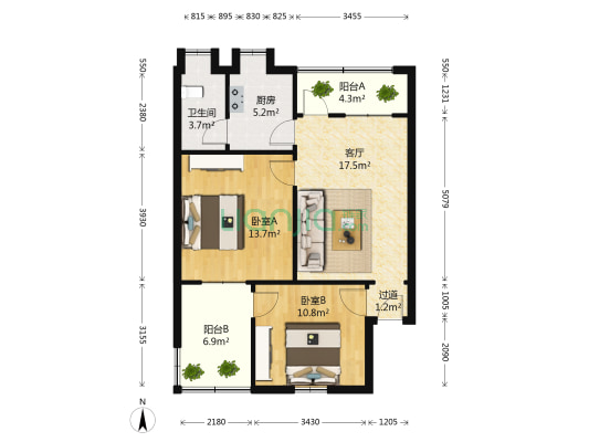 食杂果品公司宿舍 2室1厅1卫 70平方