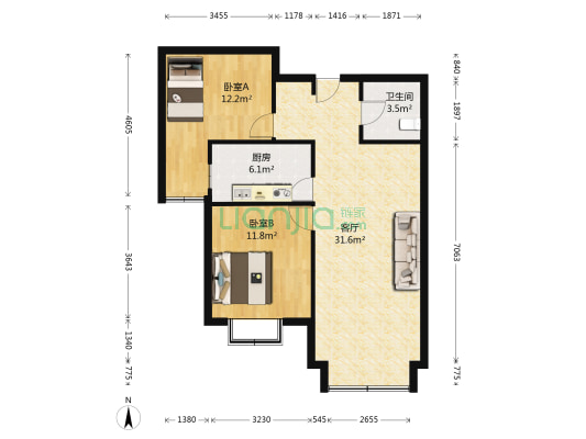 本房为经典全南两居户型，格局方正，小区中间位置-户型图