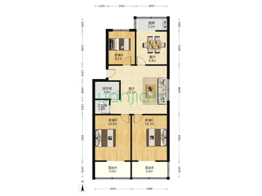 西瓷所团结北路小区 3室2厅2卫 99平方