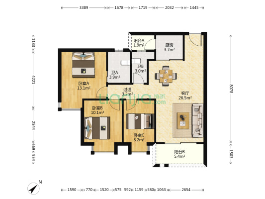 大岗兴业花园 3室1厅2卫 90平方